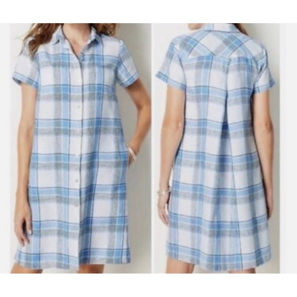J. Jill Shirt Dress Love Linen Womens 1X Blue Plaid Short Sleeve Pocket